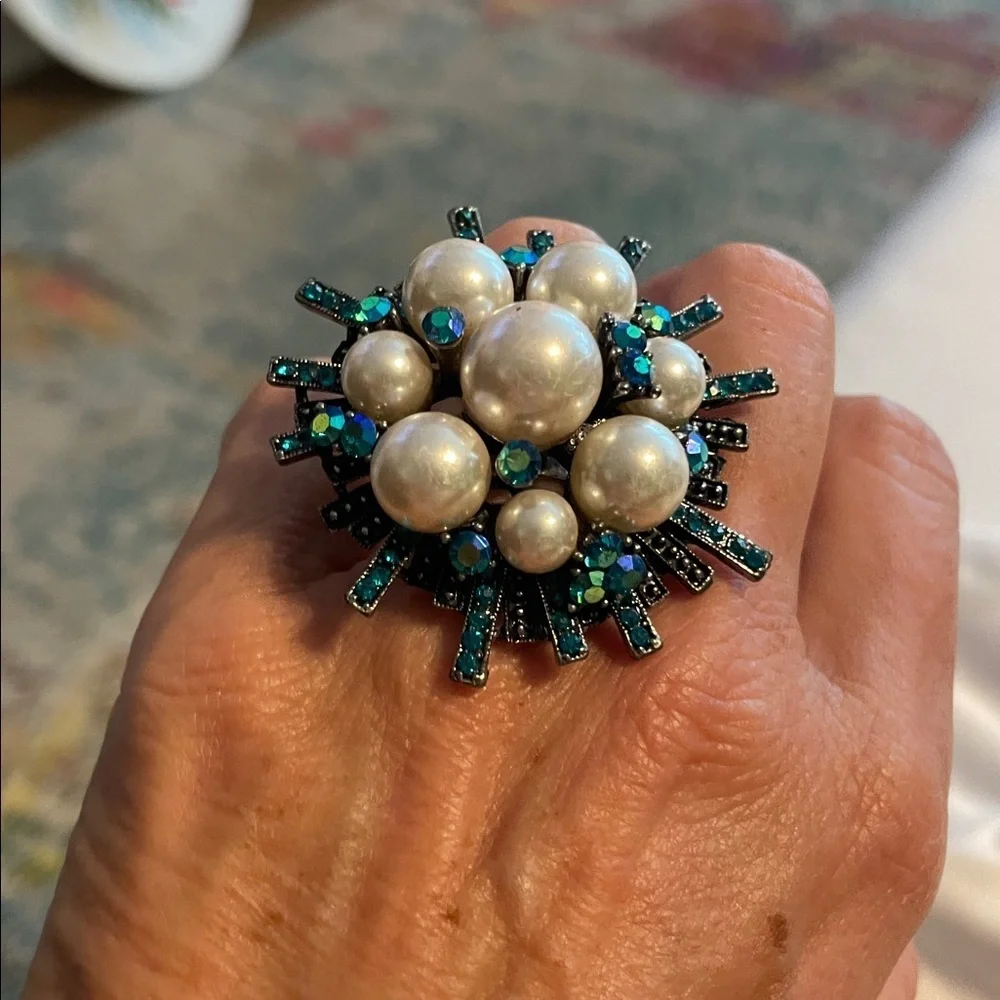 Pearl and Teal Crystal Ring